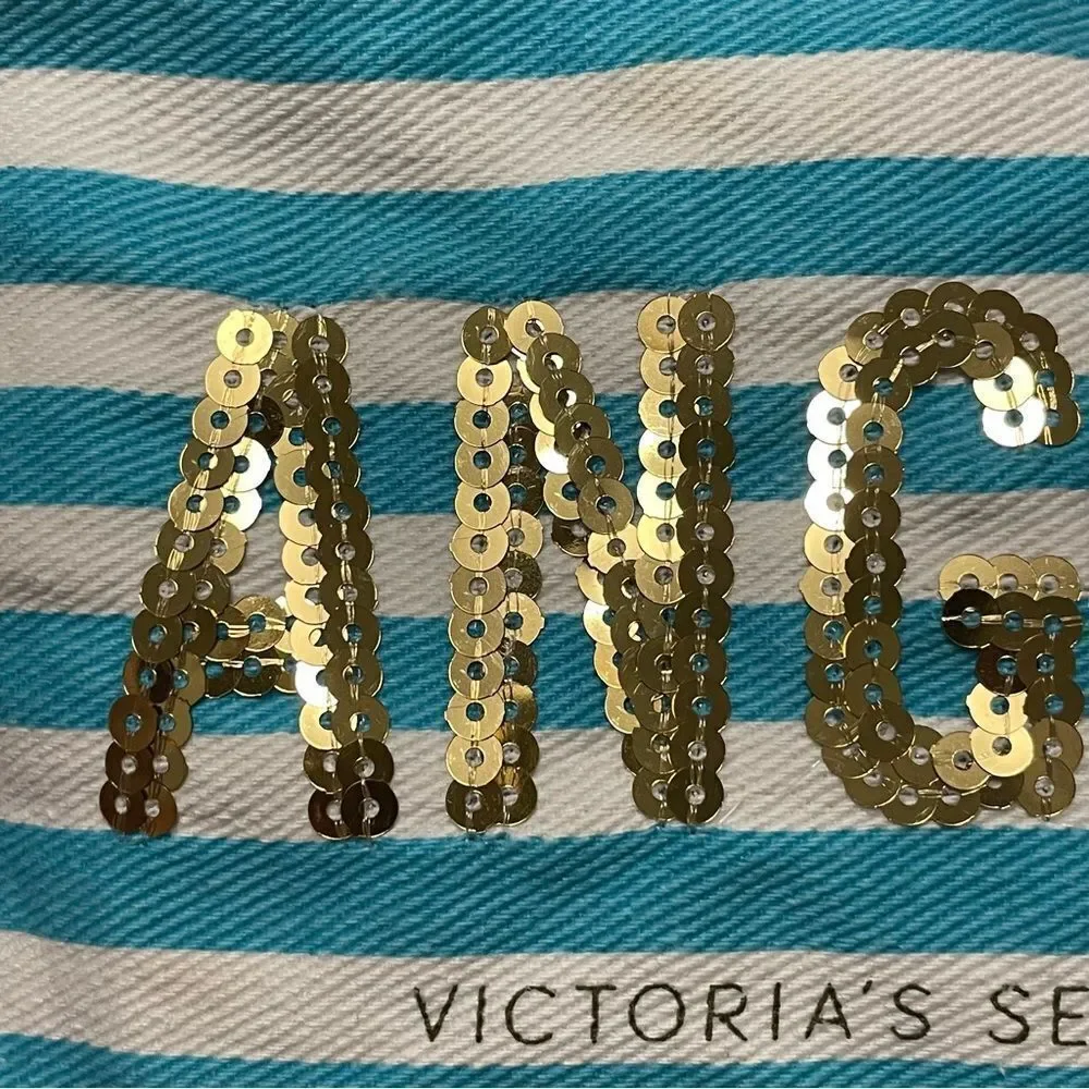 Victoria’s Secret Sequins Cosmetic Bag Blue White with Gold ANGEL wording